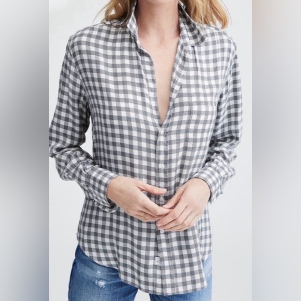 Frank & Eileen Eileen Gingham Plaid Button‎ Up Shirt XS Gray White Relaxed Italy
